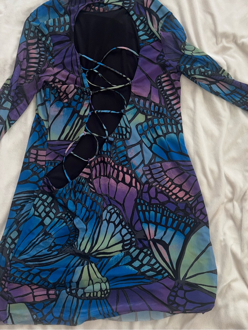 AFRM Butterfly-Print Lace-Up Open-Back Mini Dress in Purple & Blue - Picture 8 of 10
